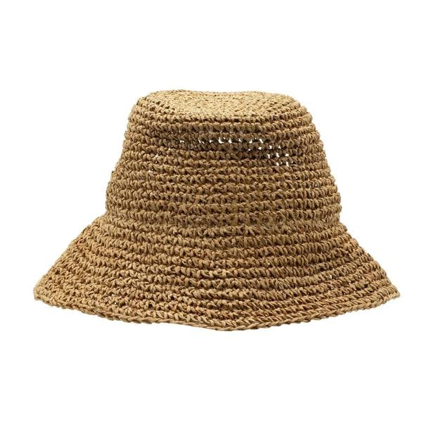 Tan straw floppy sun hat with textured weave, flat crown and wide brim