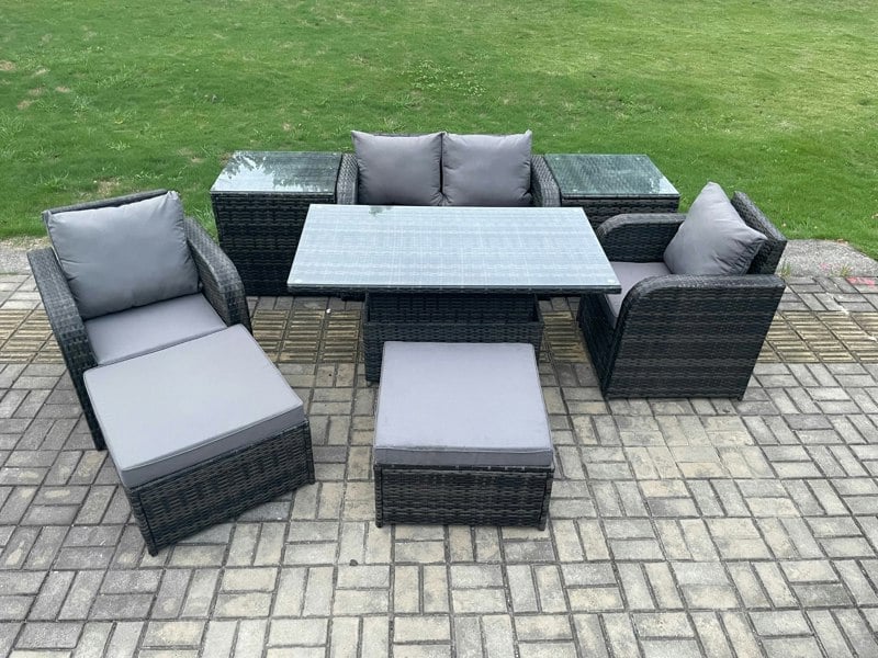 Fimous Rattan Furniture Outdoor Garden Dining Sets Patio Height Adjustable Rising lifting Table Love Sofa Chair Set With 2 Side Tables Stools