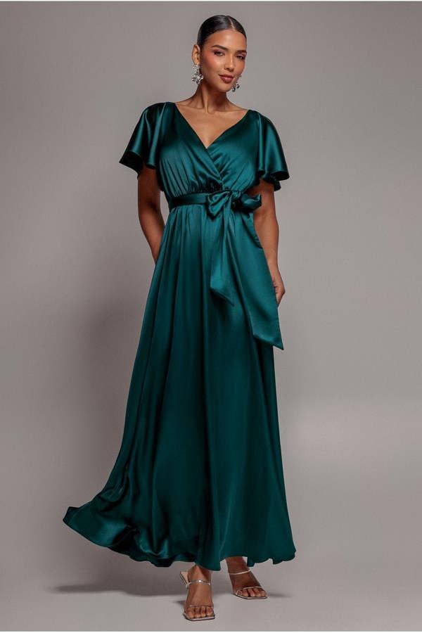 Satin Flutter Sleeve Wrap Maxi Dress - Emerald Green DR3640