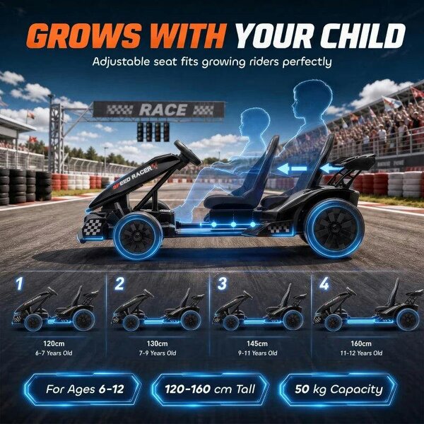 24V Electric Go Kart for Kids 6-12 Years with Drift Mode, Adjustable Seat, 3 Speed, Slow Start, Black