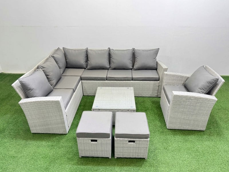 Fimous Outdoor Rattan Garden Furniture Set 9 Seater Corner Sofa Sets with Square Coffee Table Chair 2 Small Footstools Light Grey Mixed