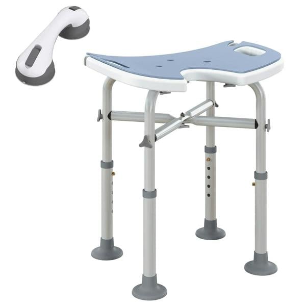 Light blue padded U-seat shower stool with white frame and adjustable-height legs