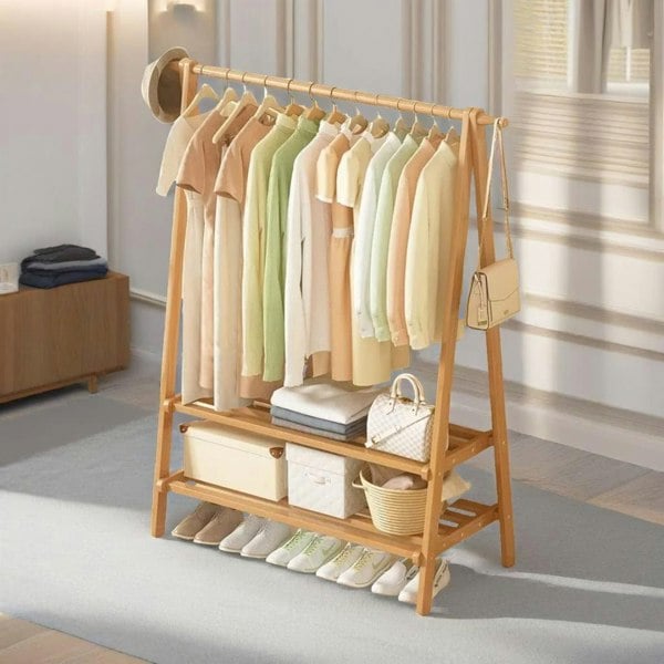 Rafaelo Mobilia Bamboo Folding Open Wardrobe Garment Rail With Storage Shelf Natural Brown