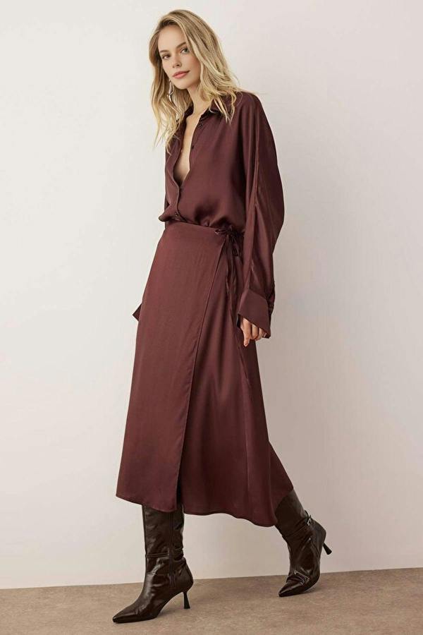 WOVCOR Wrap-Around Tie Detail Woven Satin Midi Skirt