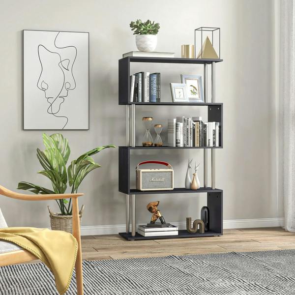 Black S-shaped 5-tier bookcase with open cubbies and metal legs, freestanding.