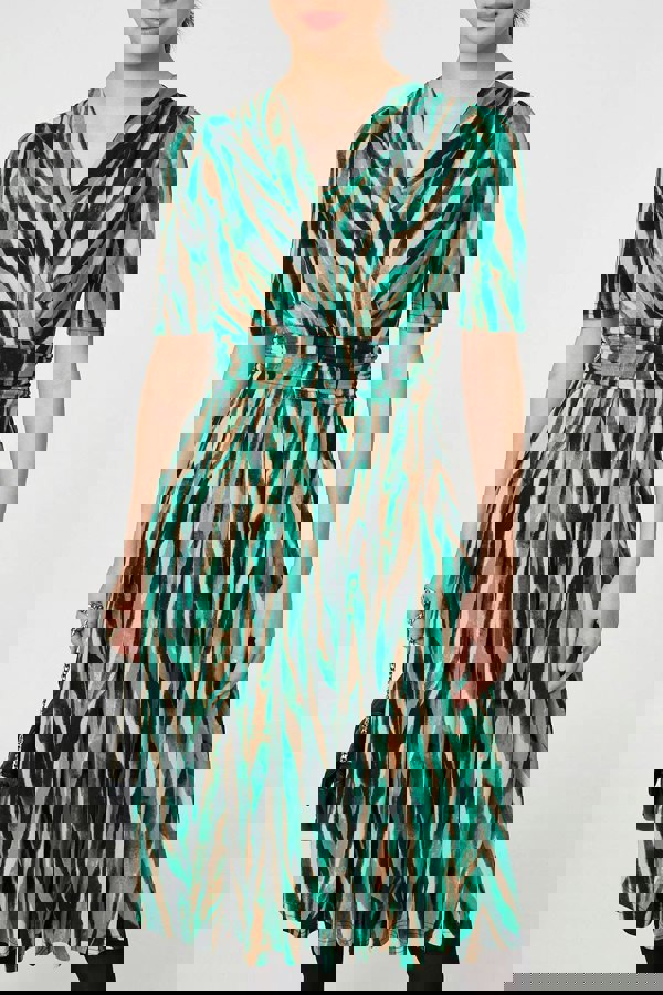 Green | Printed 1/2 Sleeve Wrap Waist Midi Dress
