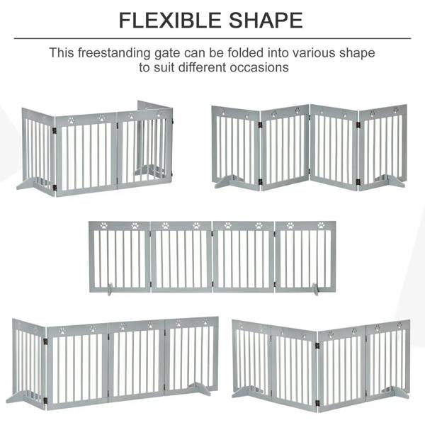 Grey folding wooden pet gate in multiple shapes with vertical bars and paw print accents
