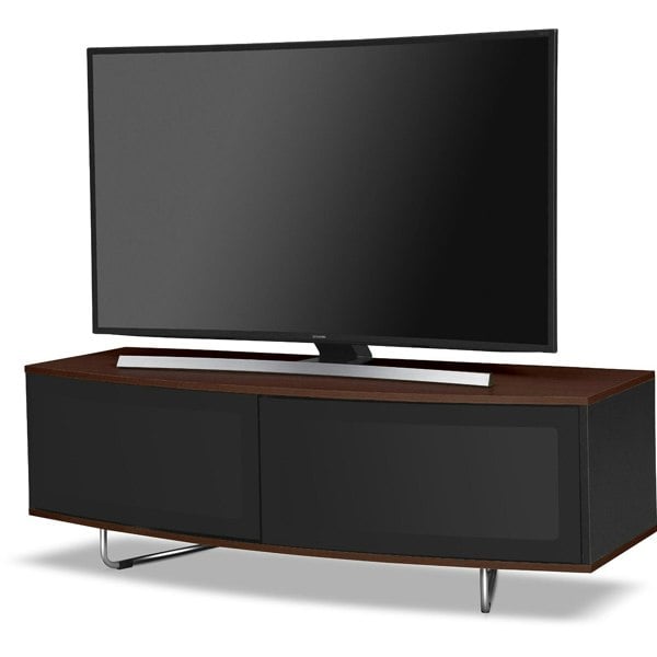 Centurion Supports Caru Gloss Black and Walnut Beam-Thru Remote Friendly Super-Contemporary "D" Shape Design 32"-65" LED/OLED/LCD TV Cabinet