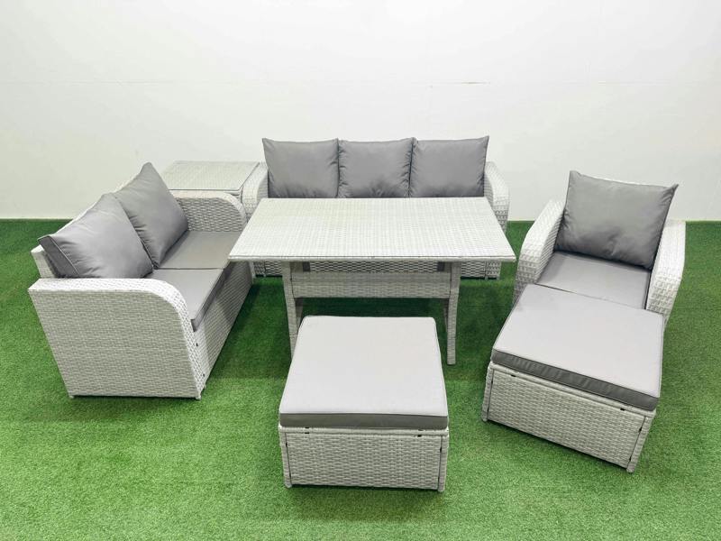 Fimous 8 Seater PE Rattan Garden Furniture Patio Set, Dining Table, Reclining Chair, Loveseat, 3 Seater Sofa, 2 Big Footstools, Side Table, Light Grey