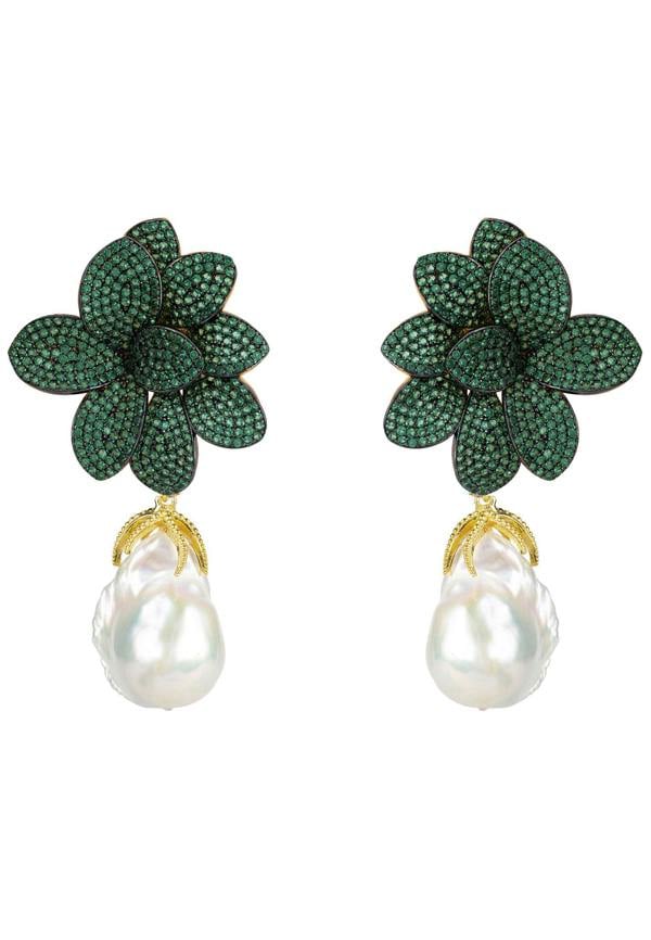 Pair of green floral earrings with gold and pearl drops on a white background