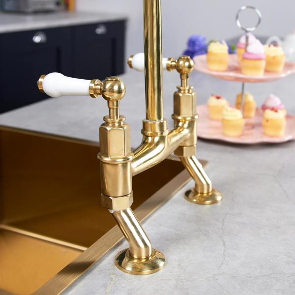 Flode Larvik | Kitchen Dual Lever Bridge Mixer Tap | Polished Brass Finish