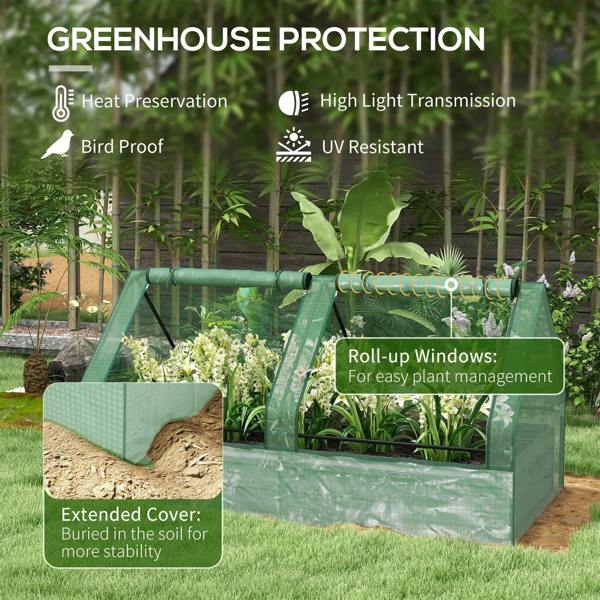 Green greenhouse cover for raised garden bed with roll-up window and extended buried base