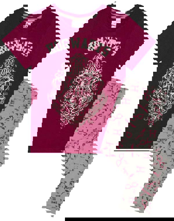 Harry Potter Girls Purple Hogwarts Crest Short Sleeve Long Leg Pyjama Set