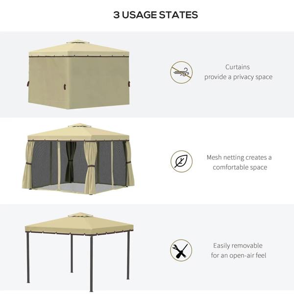Beige patio gazebo with curtains and mesh panels, shown in three setup modes