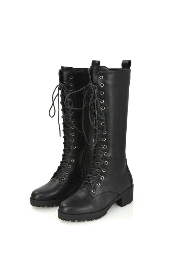 XY LONDON Lace Up Block High Heel Knee High Biker Boots