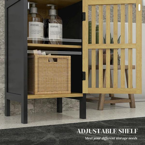 Black bathroom storage cabinet interior with bamboo slatted door and shelf space