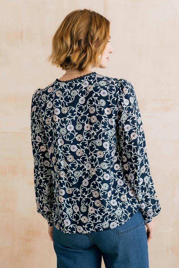 Lily & Me Emily Printed Keyhole Blouse Navy