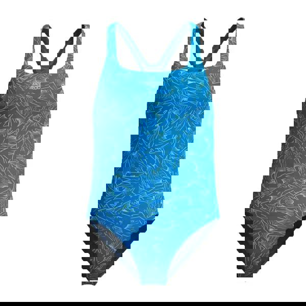 Speedo Girls Hyperboom Allover Medalist blue one-piece swimsuit with leaf pattern