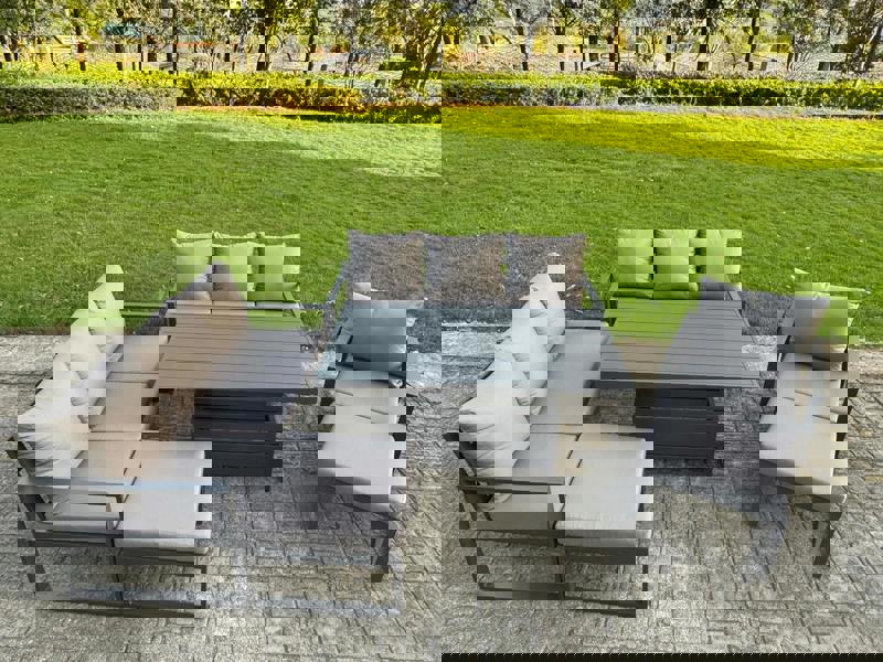 Fimous 9 Seater Aluminium Garden Furniture Set - Dark Grey Adjustable Rising Dining Table with 2 Footstools - Dark Grey