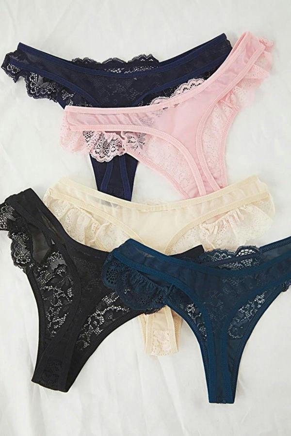 WOVCOR 5-Pack Tulle Lace Detail Thong Knitted Panties
