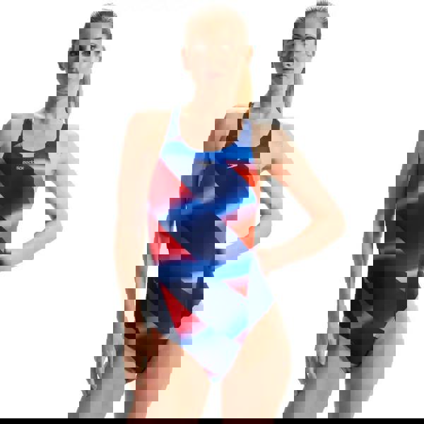 Speedo Allover Digital Recordbreaker swimsuit in blue red white geometric pattern