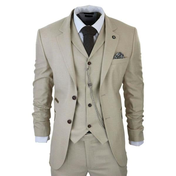TruClothing Men's 3 Piece Cream Prince Of Wales Check Suit