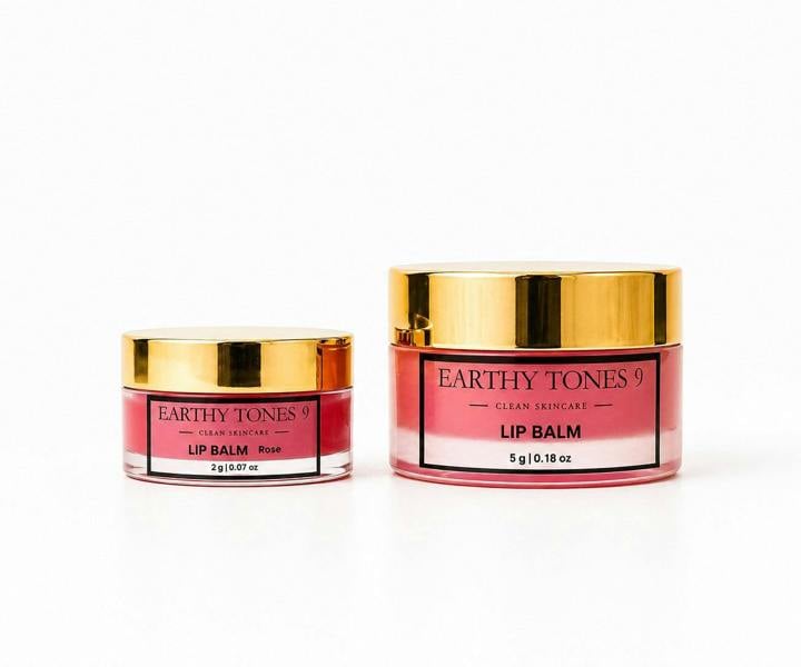 Earthy Tones 9 lip balm 5g & 2g jars with gold lids on a white background