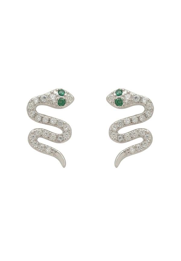 Pair of snake-shaped earrings with green gemstones on a white background