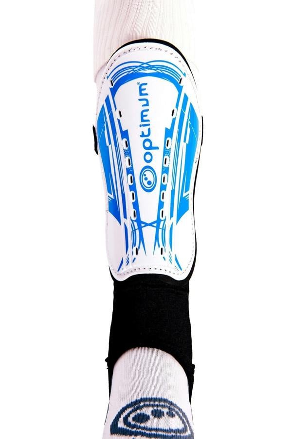 White Optimum Velocidade shin guard with blue print and logo worn over white sock, front view on white - Optimum