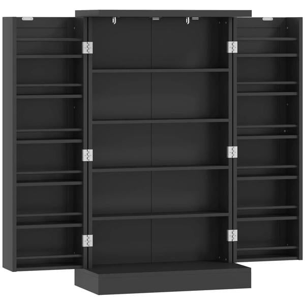 Freestanding black kitchen pantry cabinet with adjustable shelves and open double doors