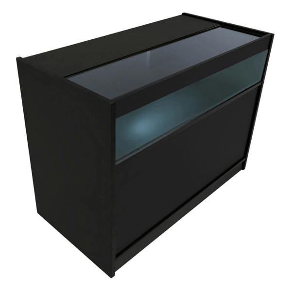 Black Europa LED shop counter set featuring a sleek design, glass top, illuminated display area, and smooth finish for modern retail spaces