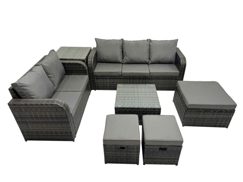 Fimous Wicker PE Rattan Garden Outdoor Furniture Set Love Sofa Square Coffee Table Set with 3 Stools Side Table Dark Grey Mixed