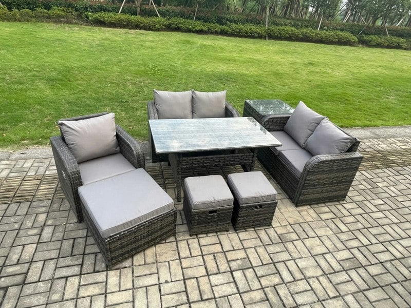 Fimous 8 Seater Lounge Rattan Sofa Set Outdoor Garden Furniture Oblong Rectangular Dining Table With Chairs 3 Footstools Side Table Dark Grey Mixed