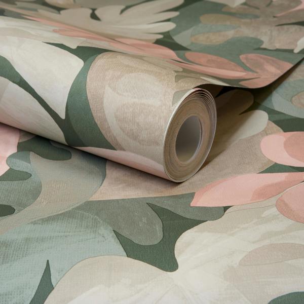 Grandeco Boutique Retro Leaf PVC-free Eco Wallpaper, Pink Green Grey
