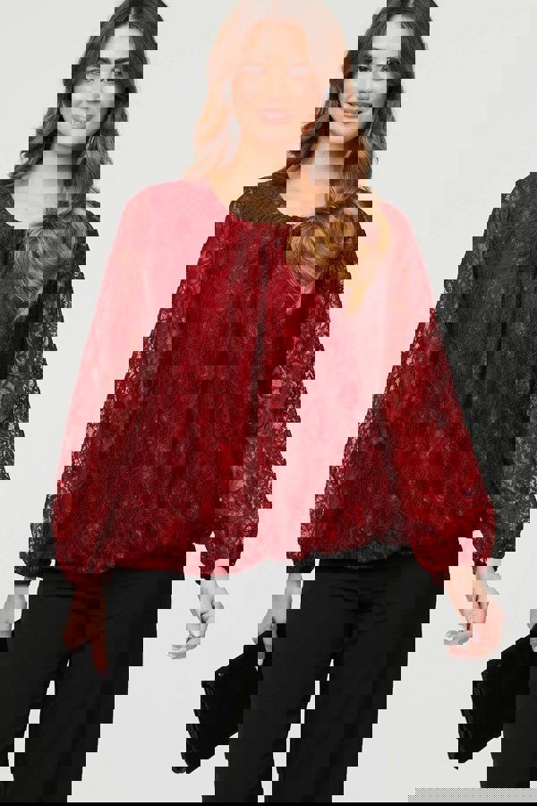 Burgundy | Floral Lace Semi Sheer Ruched Blouse
