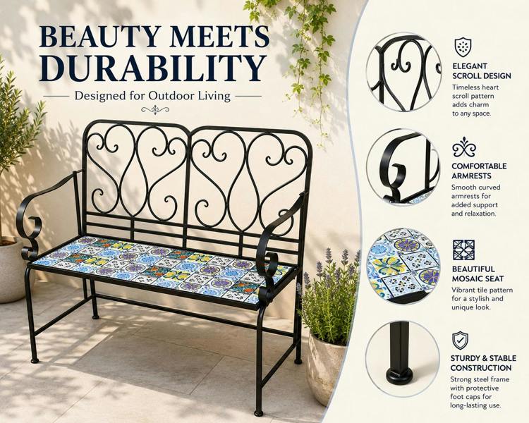 Lisbon Mosaic 2 Seater Garden Bench, 112cm Outdoor Patio Seat with Ceramic Tile Seat, Scrollwork Backrest & Metal Frame image 9