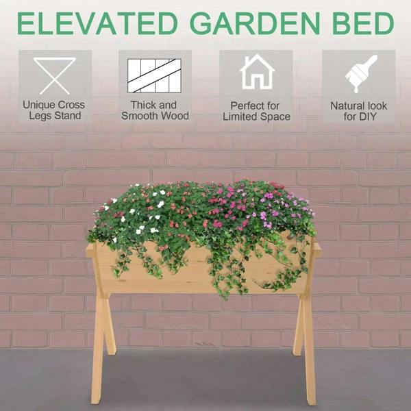 Elevated wooden garden bed with open tray and slim legs, planted with flowers.