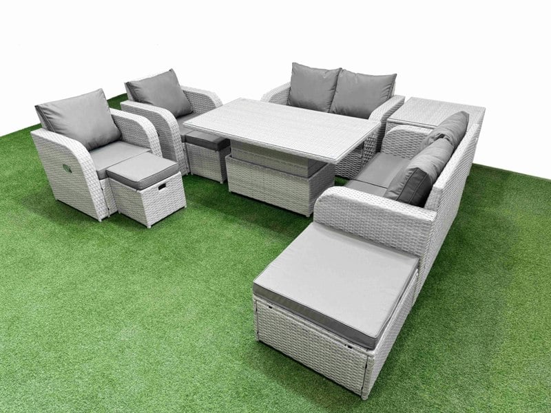 Fimous 9-Seater Outdoor Rattan Reclining Sofa Set | Adjustable Dining/Coffee Table, 3 Stools, Side Table | Light Grey