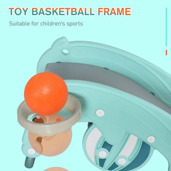 Teal rocking horse basketball hoop frame with orange ball on the rim