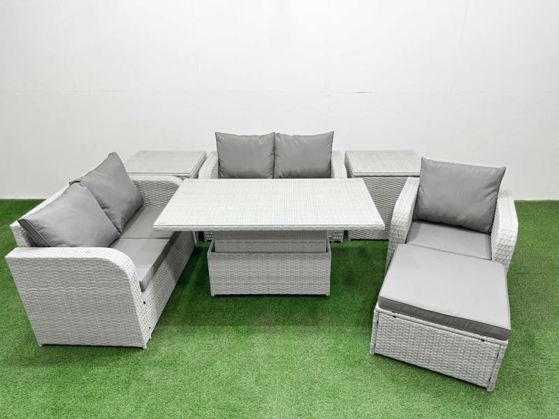 Fimous High Back Poly Rattan Garden Furniture Set, Adj Height Table, Reclining Loveseat, Indoor Outdoor Patio, Big Stool and 2 Side Tables, Light Grey
