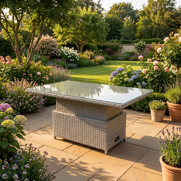Fimous Rattan Adjustable Rising Dining or Coffee Table in Light Grey Mixed with Clear Tempered Glass