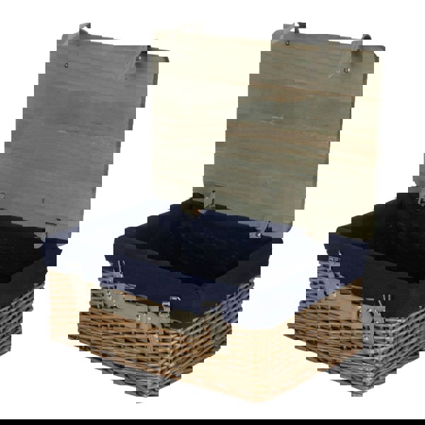 Antique Wash Navy Lined Willow Picnic Basket with Pinewood Lid