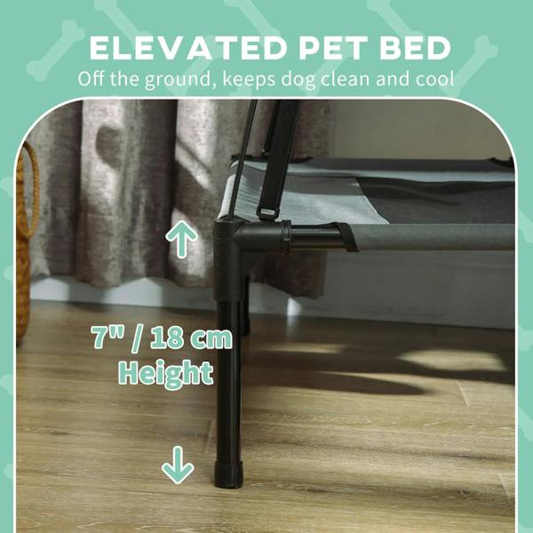 Grey raised pet cot with elevated 7 in legs for airflow