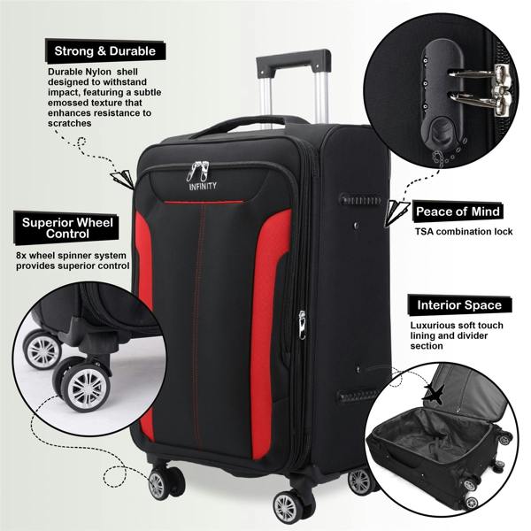 Infinity Luggage Soft Cabin Suitcase 36.5 x 23.5 x 58 cm Nylon 900D Suitable Integrated Lock for Easyjet, Ryanair, Wizzair