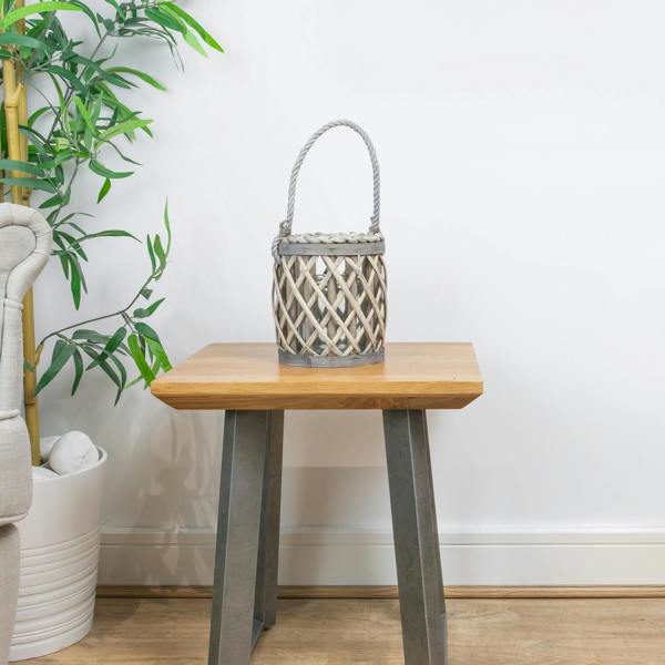 JVL Luna Natural Willow Wood Lantern With Braided Rope Handle, Grey Wash