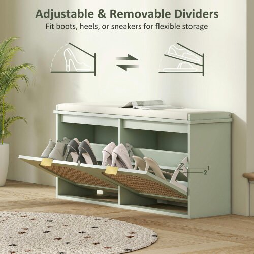 Wyld Haus Rika Wooden Light Green Boho Style Shoe Bench With Cushioned Seat And 2 Flip Drawers