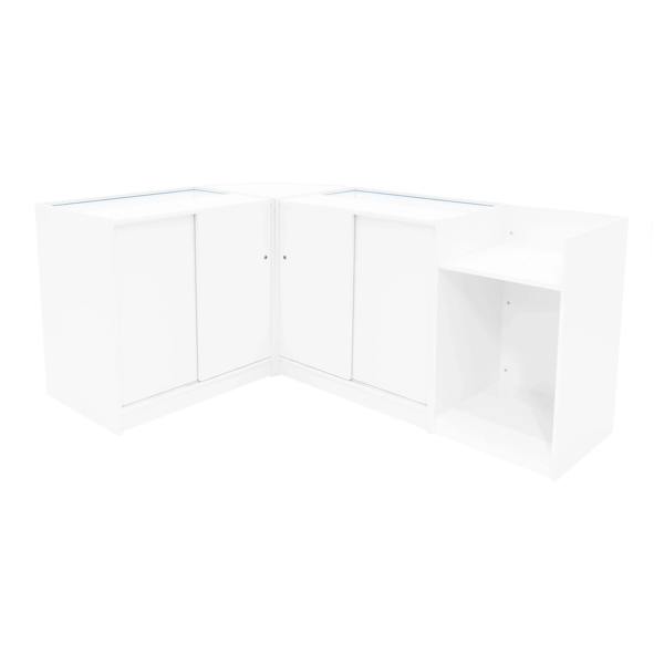 White Aries LED Shop Counter Set featuring sleek design, glass display tops, and ample storage with two cabinets and an open shelf