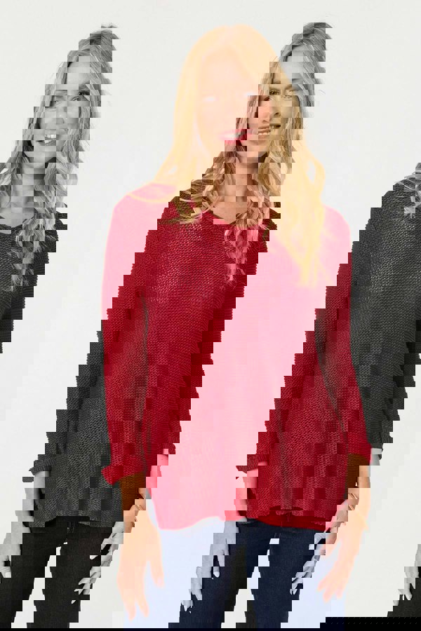 Red | Mesh Texture 3/4 Sleeve Relaxed Top
