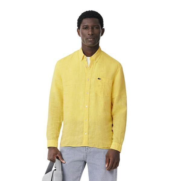 Lacoste Mens Linen Regular Shirt - Yellow - 