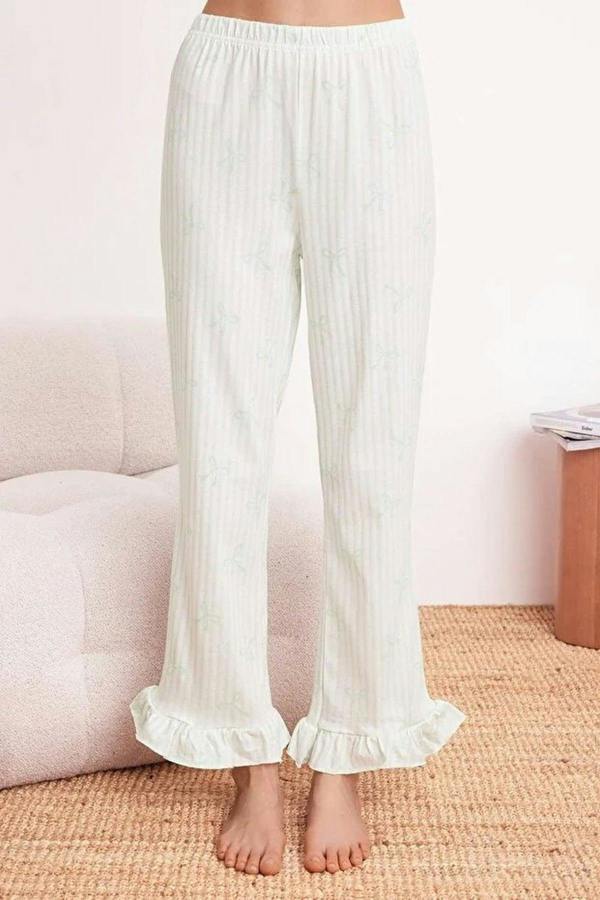 WOVCOR 2-Piece 100% Cotton Striped and Ribboned Ruffled Knitted Pajama Set